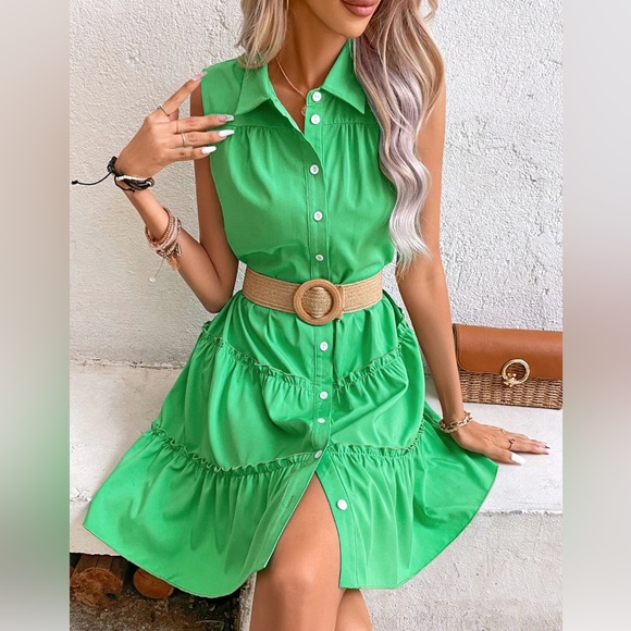 Green Button Front Ruffle Hem Shirt Dress Without Belt - Picture 4 of 7